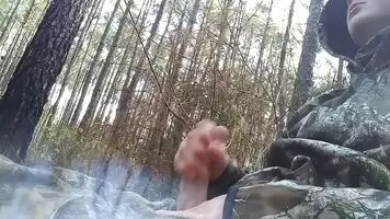 Straight Camo boy with Perfect cock sprays cum everywhere in the woods
