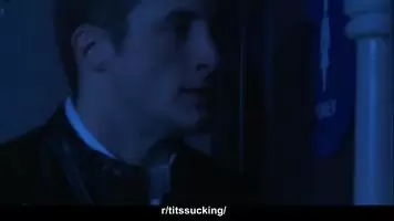 in the bathroom sucking the tits of a married slut while her husband knocks on the door