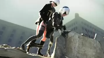 YoRHa Models 2B and 9S Performing Emergency Field Maintenance