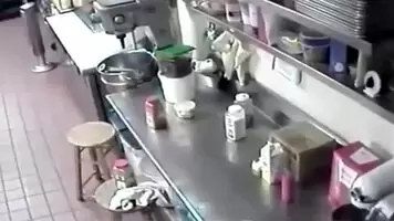 Waitress Puts A Sausage Into Her Pussy Before Serving It To A Guest