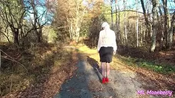 Classy lady in forest - flashing, playing with tits and pussy, upskirt, panties off