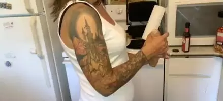 In the kitchen with some sausage and an assflash!