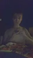 Fresh out of the shower, naked on the deck enjoying pizza and a bowl 🥰