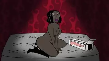 Black chick test-drives dildo over bouncy mattress