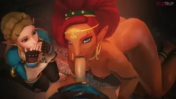 Urbosa showing Zelda how to blow Link