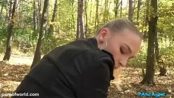 Sex with a pretty blonde in the woods for money - Jenny Wild model porn star - back view rider rides on top